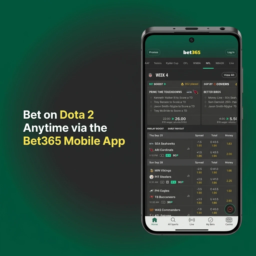 Bet365 mobile app open on smartphone showing Dota 2 esports betting markets and live odds