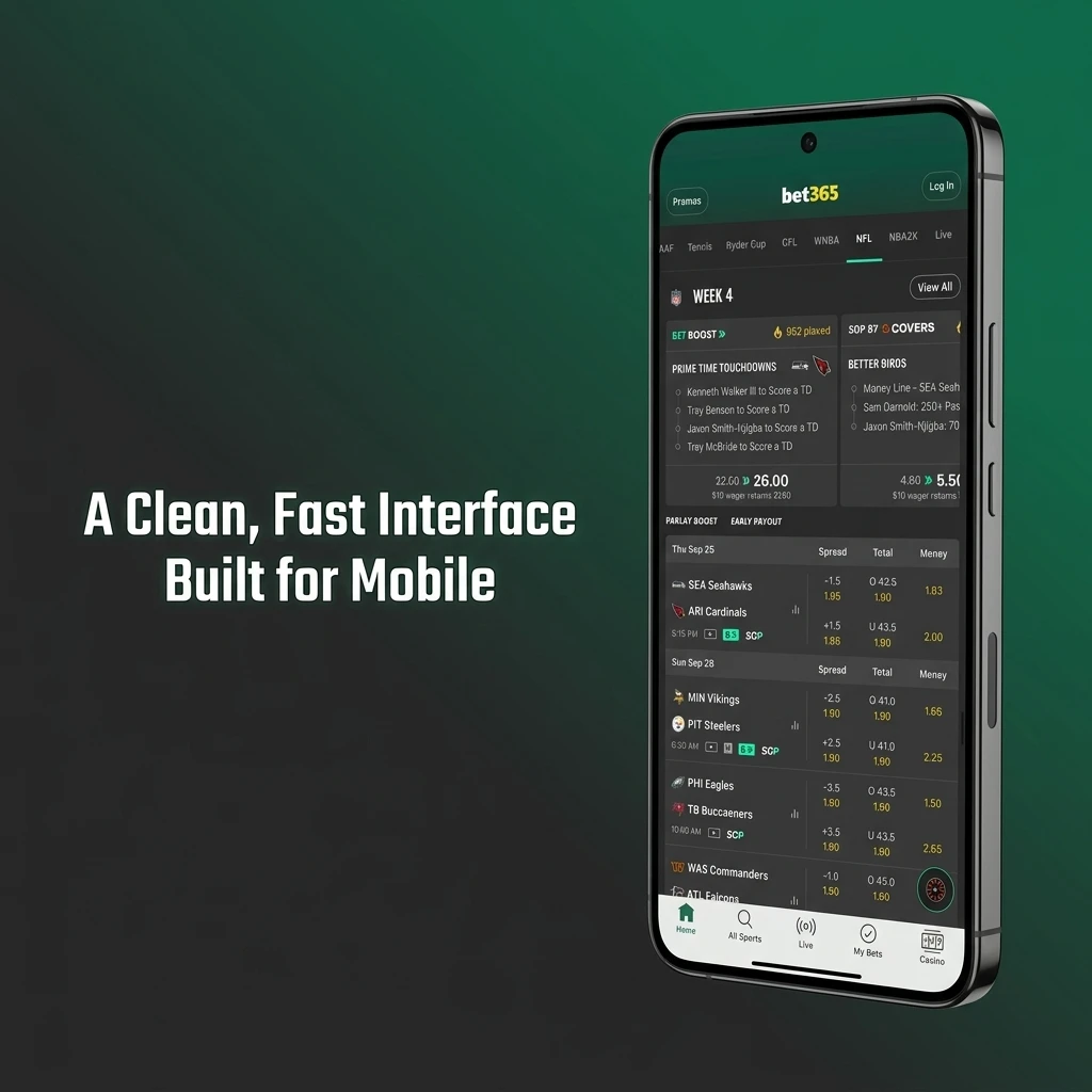 Bet365 mobile interface showing fast navigation across sports markets, casino games, and account on Android and iOS devices