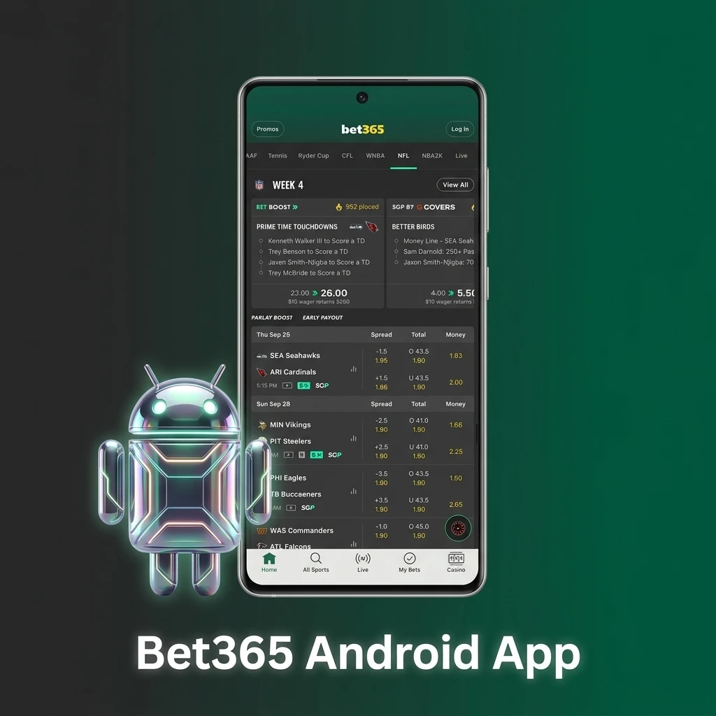 Bet365 Android app interface showing betting and casino games available for free download on mobile devices