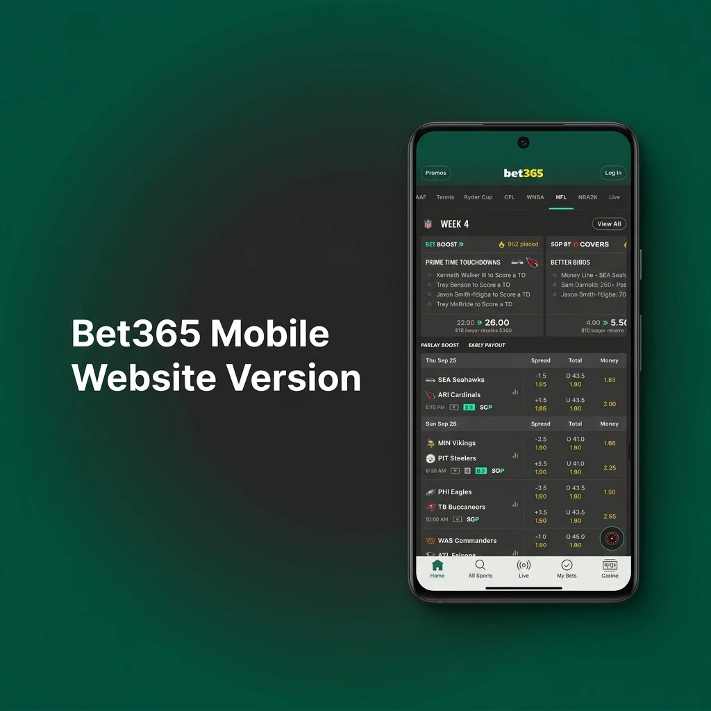 Bet365 mobile-optimised website on smartphone and tablet showing sports markets, casino games, and live betting options
