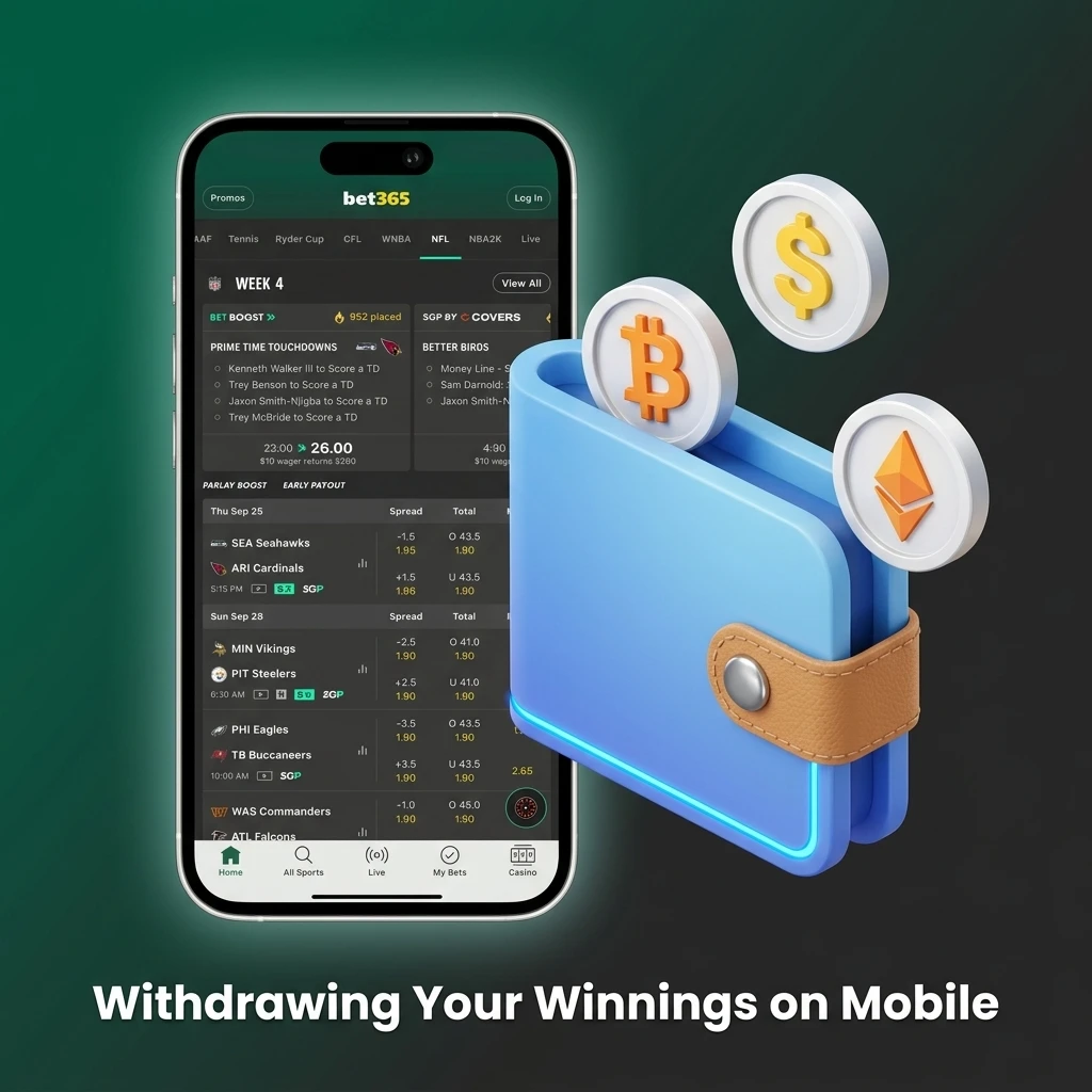 Bet365 mobile withdrawal steps showing account menu, payment method selection, and withdrawal amount confirmation