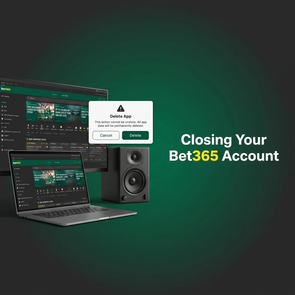 Person closing Bet365 account online, navigating settings to submit account deletion request and withdraw remaining balance