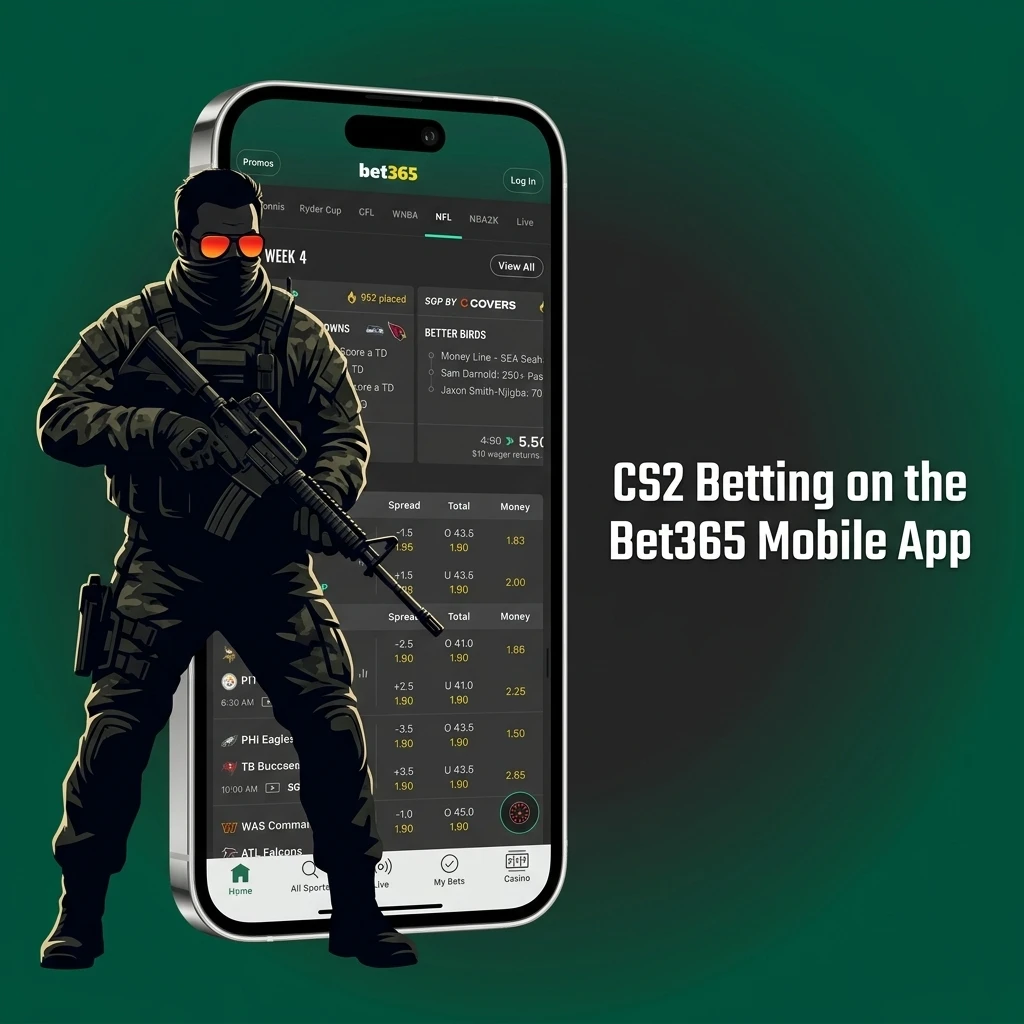 Bet365 mobile app CS2 betting guide showing eSports tab navigation and bet slip on Android and iOS devices