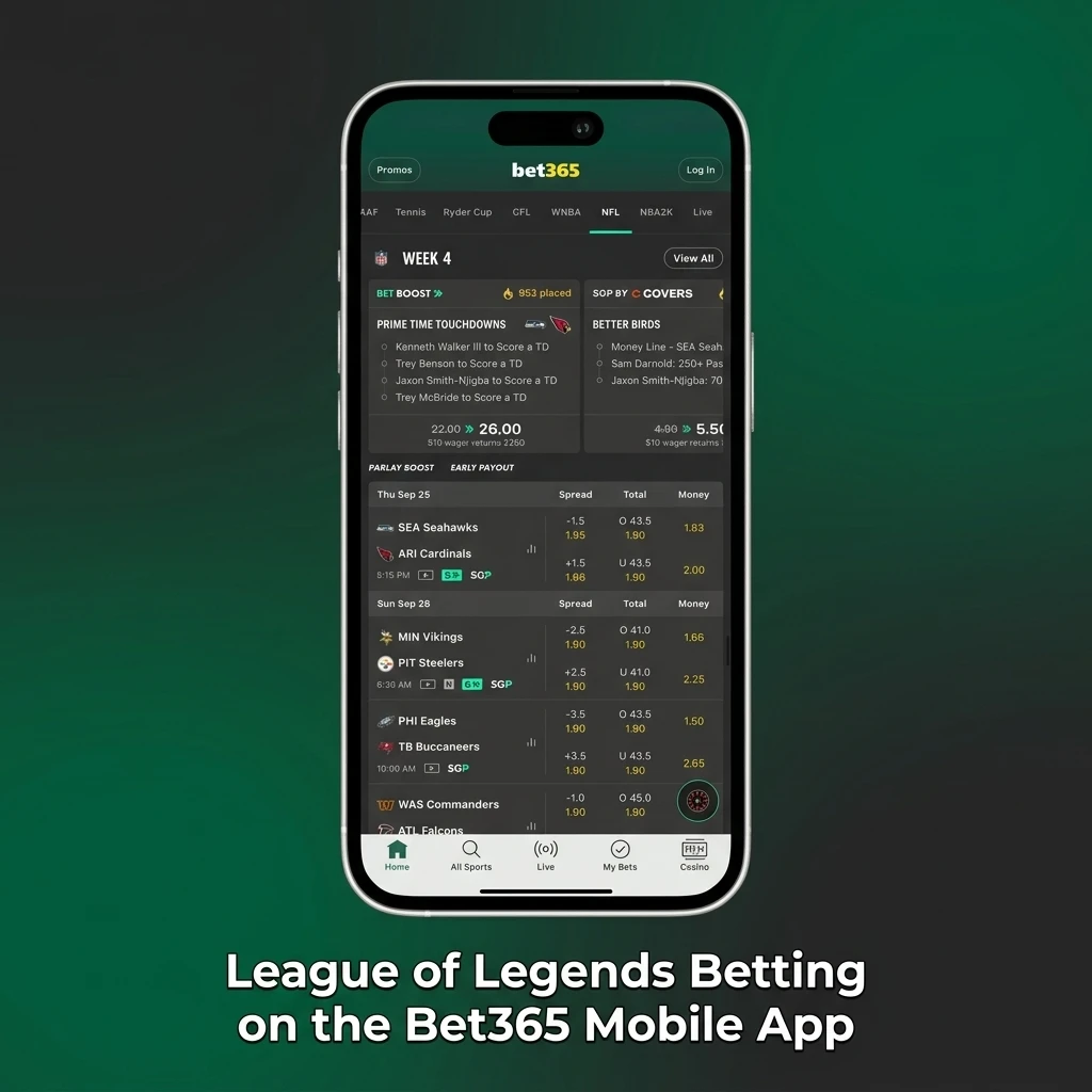 Bet365 mobile app interface showing League of Legends esports betting markets with live odds and in-play options