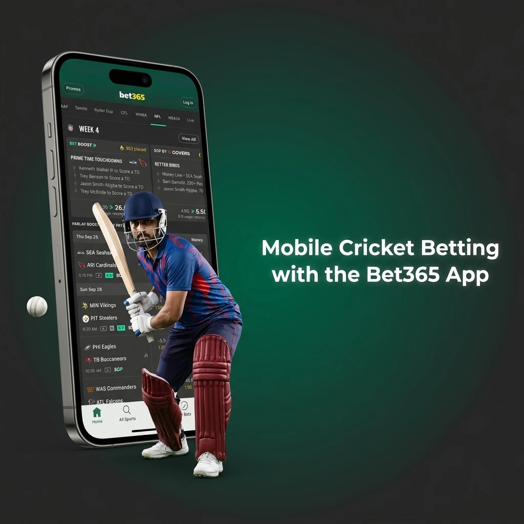 Bet365 app interface showing cricket betting options with live scores and match markets on mobile