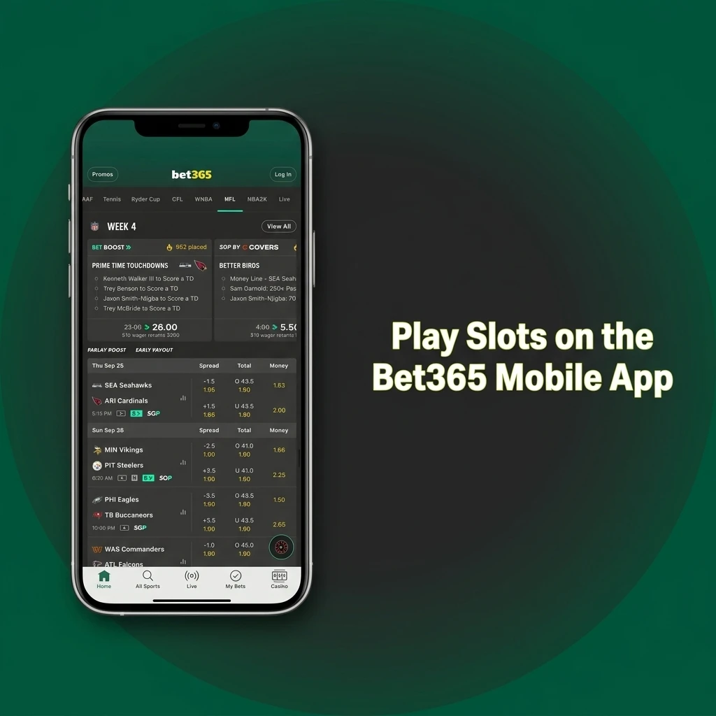 Bet365 mobile app slots lobby showing game navigation, full screen gameplay, and account features on a smartphone screen