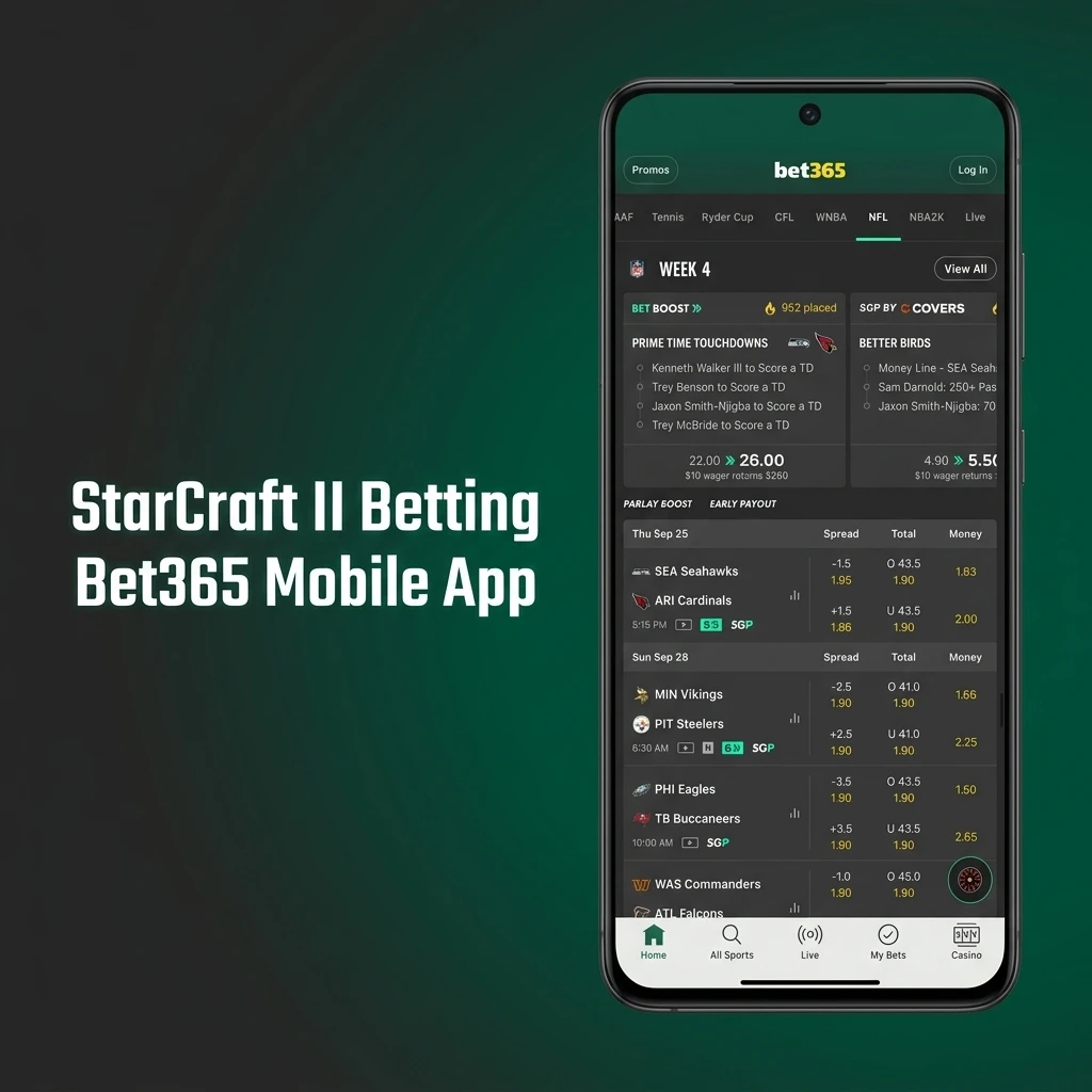 Bet365 mobile app interface showing StarCraft II esports betting options for Android and iOS users in India