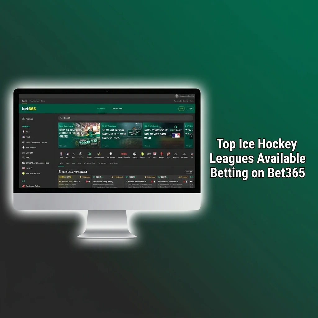 Top ice hockey leagues for betting on Bet365 including NHL, KHL, SHL, Liiga, DEL, and IIHF tournaments