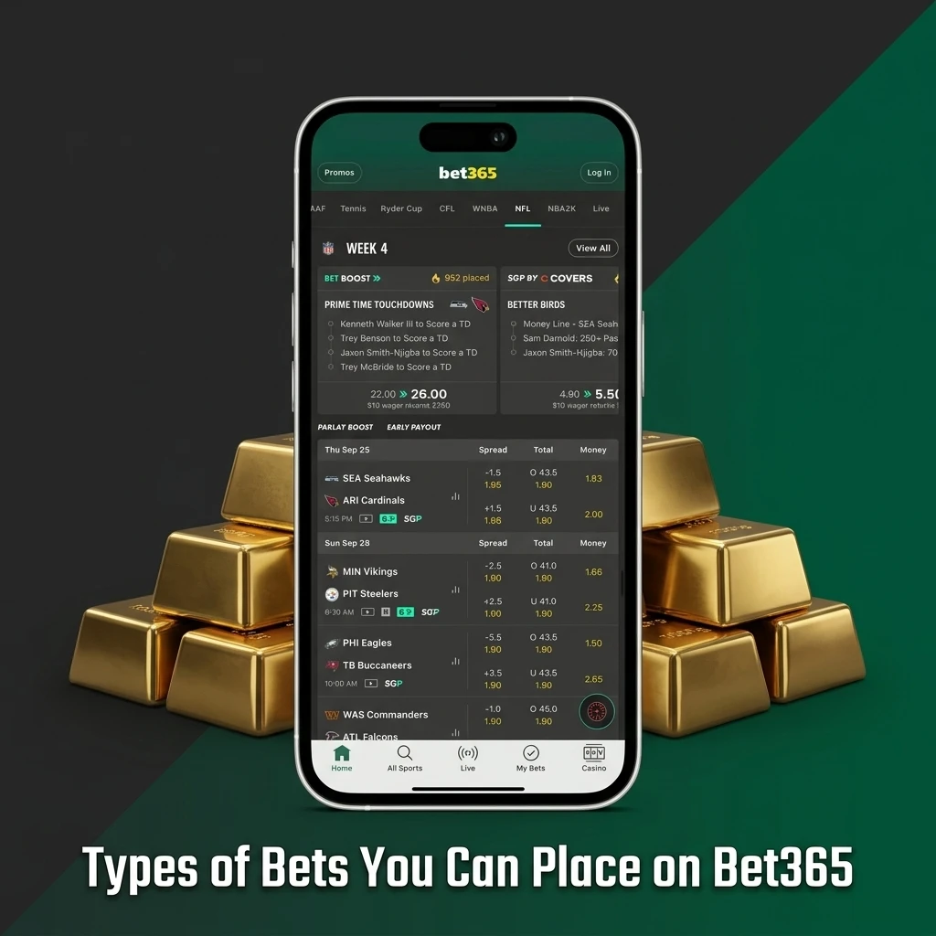 Bet365 bet types including single, accumulator, double, treble, system, and in-play bets explained